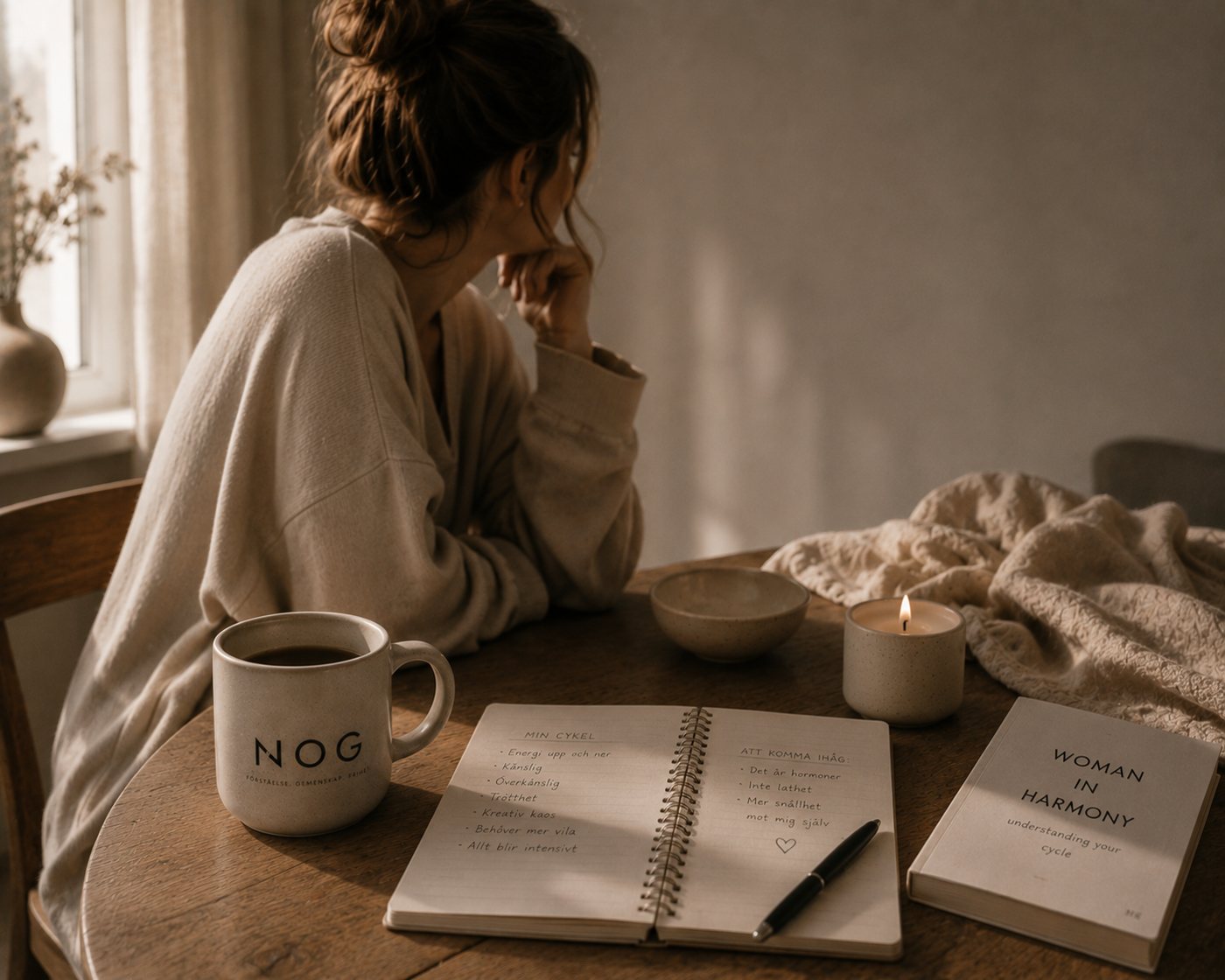 Bord med en NOG-mugg, en journal och ett ljus